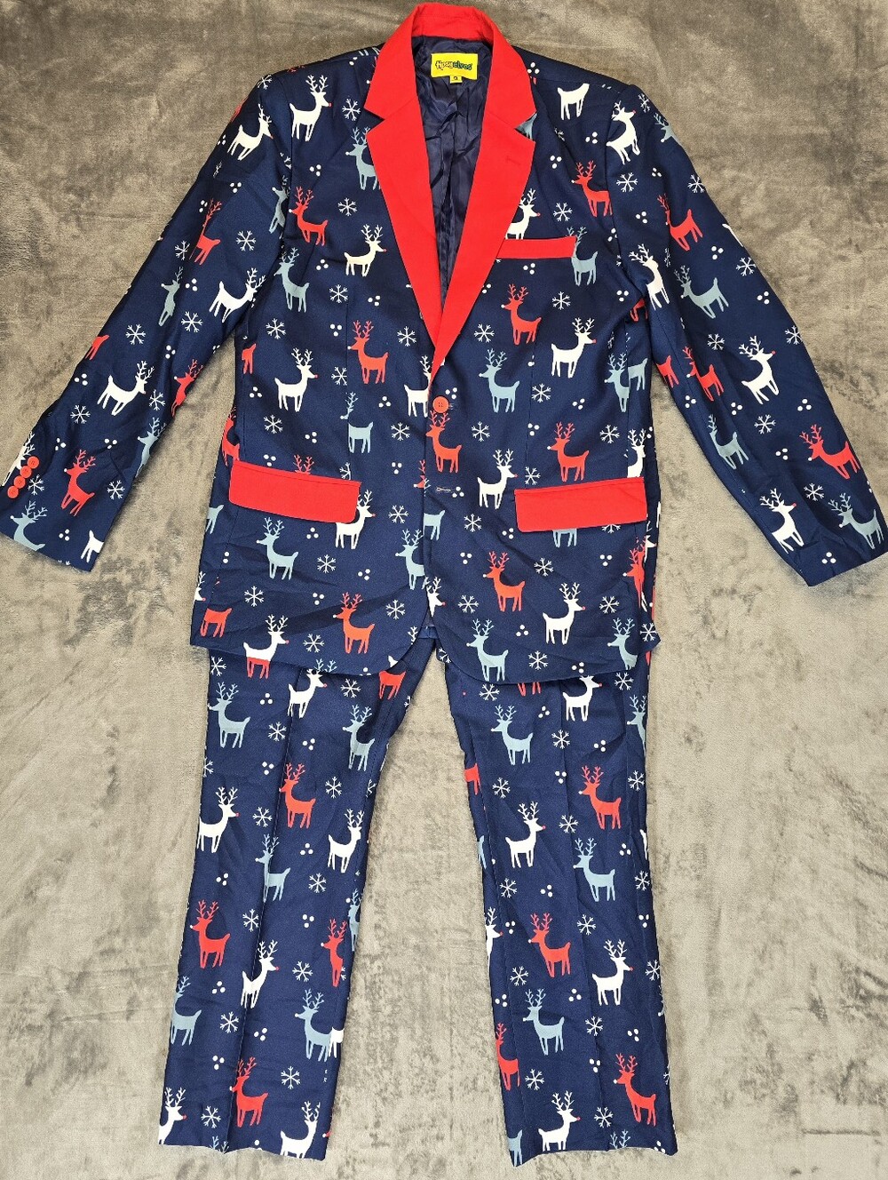 Tipsy Elves Full Suit And Tie Size 46J & 36W Reindeer Snowflake Blue